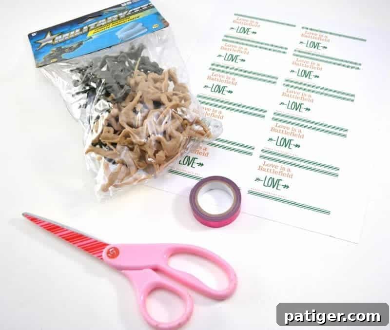 Heartwarming Heroics Free Printable Valentines for Kids 3 Supplies laid out for making toy soldier Valentines: plastic soldiers, washi tape, scissors, cardstock.