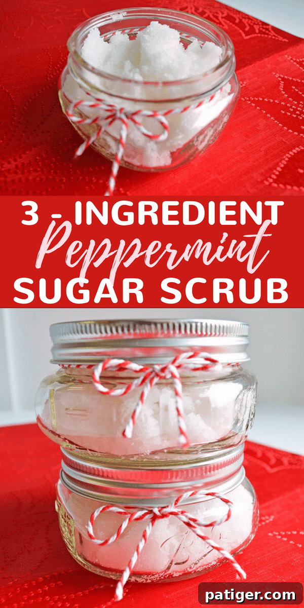 Pin this image: An incredibly easy 3-ingredient peppermint sugar scrub recipe. This DIY peppermint sugar body scrub can be made in less than 10 minutes, and with only three ingredients. Perfect for holiday gifting!