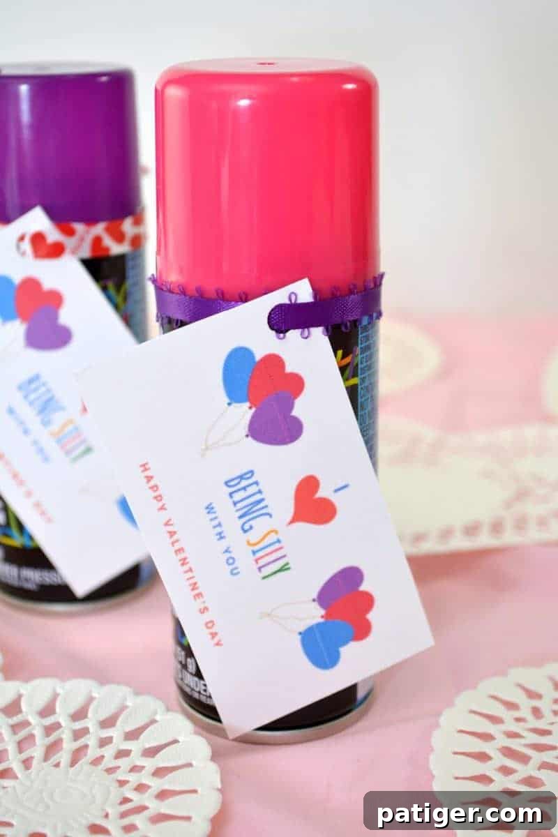 Adorable finished DIY Silly String Valentine with printable tag attached