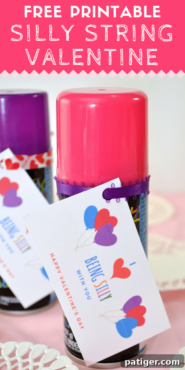 Vertical Pinterest image for DIY Silly String Valentine with free printable