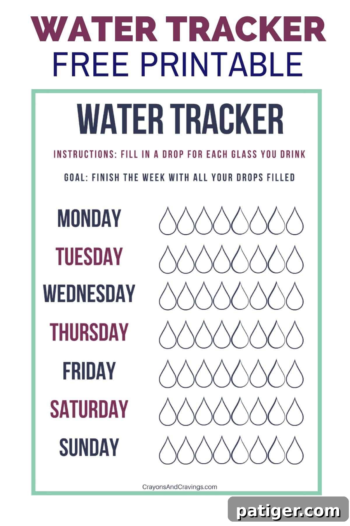 Free Printable Hydration Log 2 A beautifully designed, free printable water tracker featuring eight hollow water drop icons for each day of the week, encouraging users to fill them in as they hydrate. Perfect for daily and weekly water intake tracking.