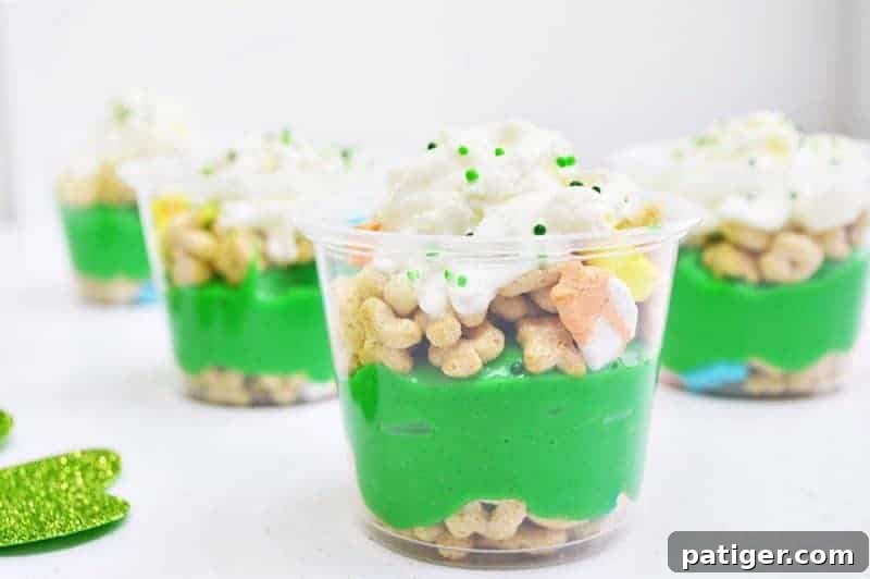Magically Delicious St Patricks Day Pudding Parfaits 2 St. Patrick's Day Pudding Parfaits layered with green pudding, Lucky Charms, and whipped cream