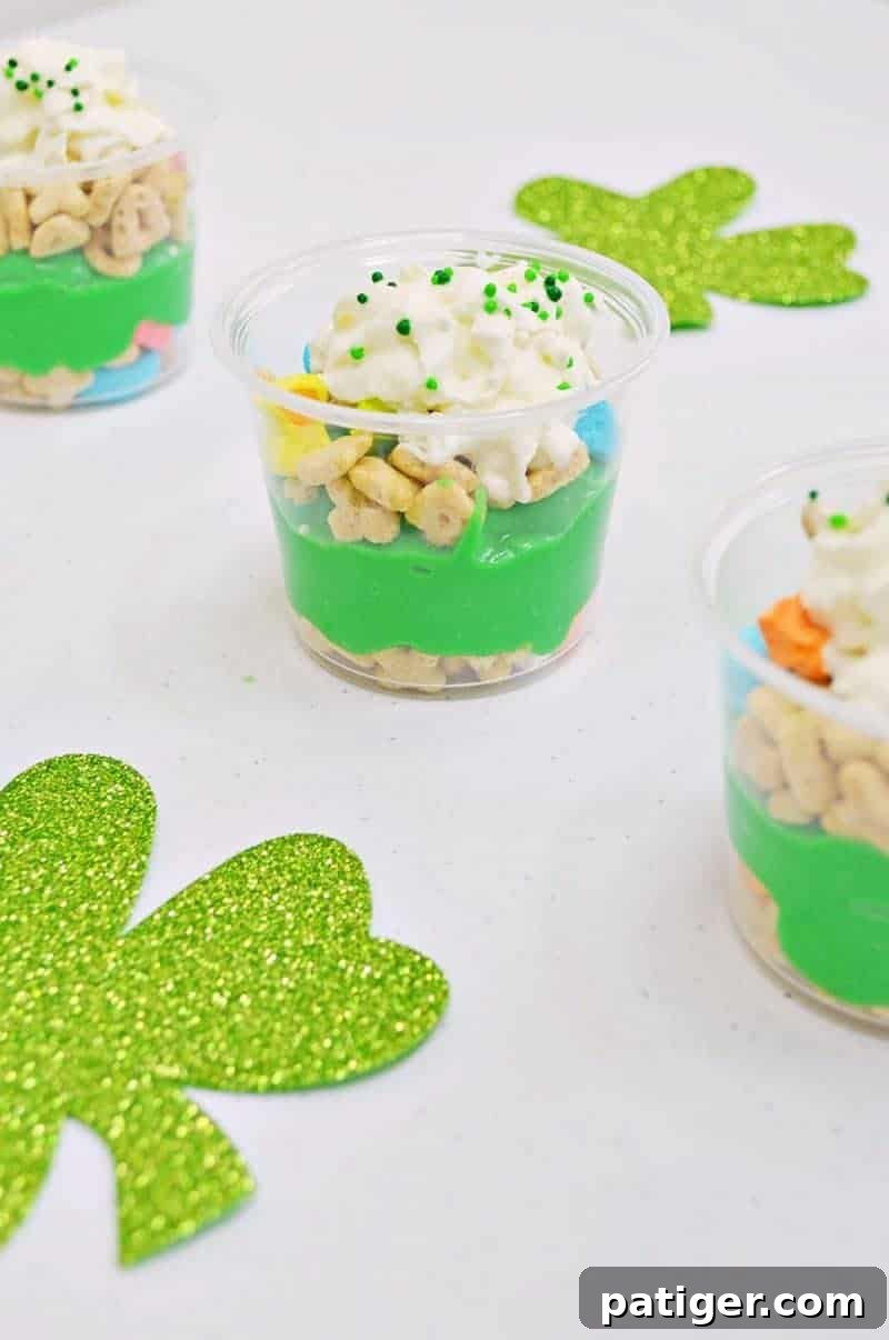 Magically Delicious St Patricks Day Pudding Parfaits 3 Close-up of a festive St. Patrick's Day Pudding Parfait with Lucky Charms marshmallows