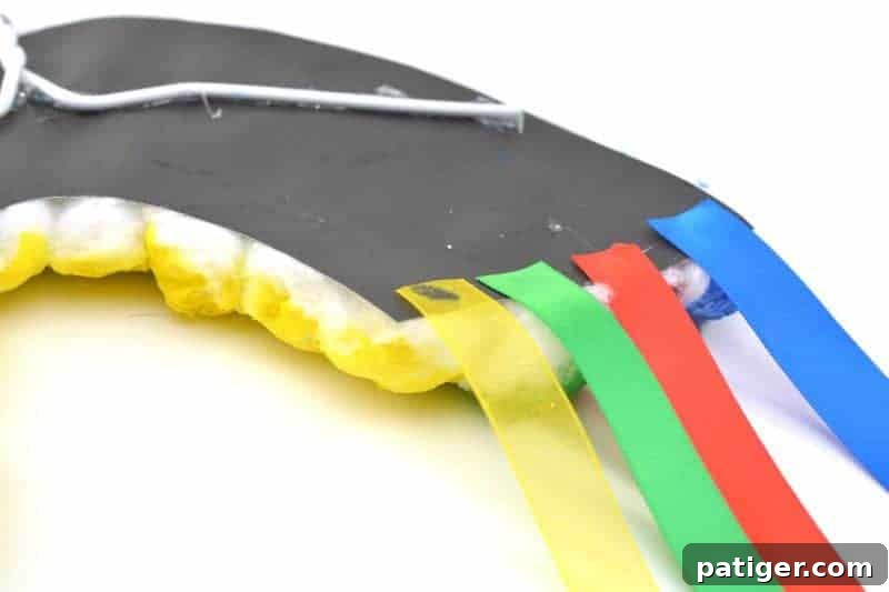 Attaching ribbons to the bottom of the cotton ball rainbow