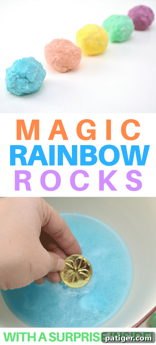 Enchanted Rainbow Stones: A Hidden Fortune 14 A Pinterest-friendly graphic for Magic Rainbow Rocks, featuring colorful rocks, fizzing vinegar, and hidden gold coins, with text overlay: 'DIY Magic Rainbow Rocks With Hidden Treasure Inside - A Fun Kids Activity!'
