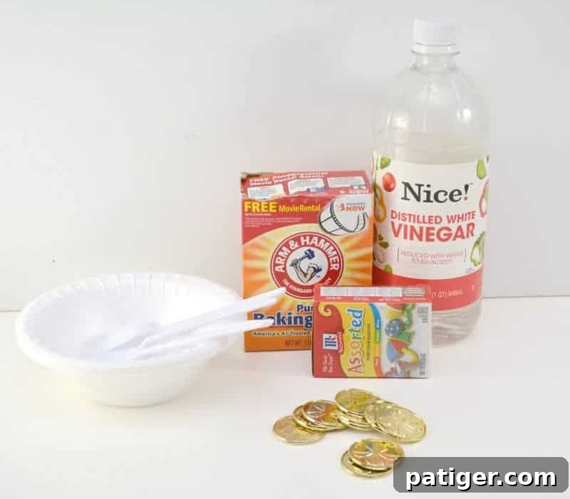 Enchanted Rainbow Stones: A Hidden Fortune 6 Essential supplies laid out for making magic rainbow rocks, including baking soda, food coloring, and gold coins.