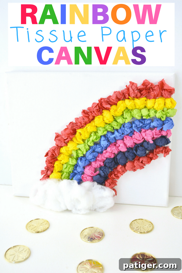 Rainbow Tissue Paper Magic 12 Pinterest pin showing the finished rainbow tissue paper craft with instructions, perfect for saving craft ideas for kids.