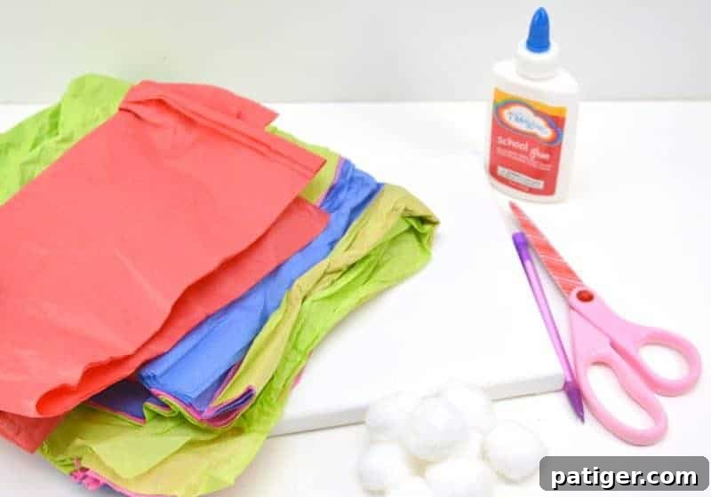 Rainbow Tissue Paper Magic 4 A completed tissue paper rainbow craft displayed in a child's room, showcasing the vibrant colors and fluffy cotton ball clouds.