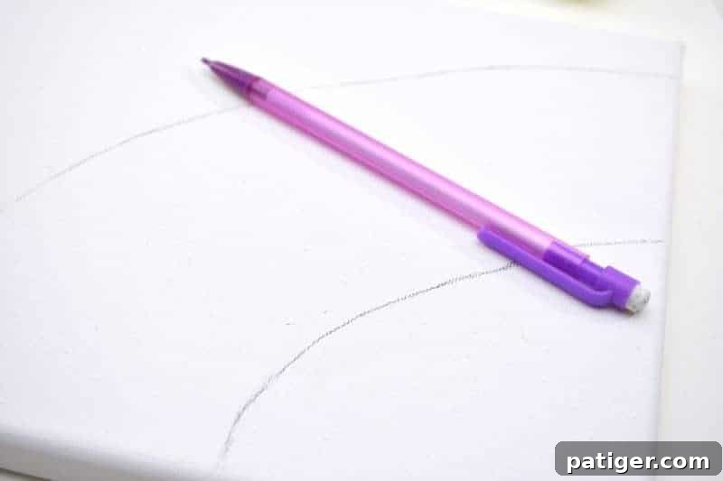 Rainbow Tissue Paper Magic 5 Initial pencil sketch of a rainbow arc on a horizontal white canvas, serving as a guide for placing tissue paper.