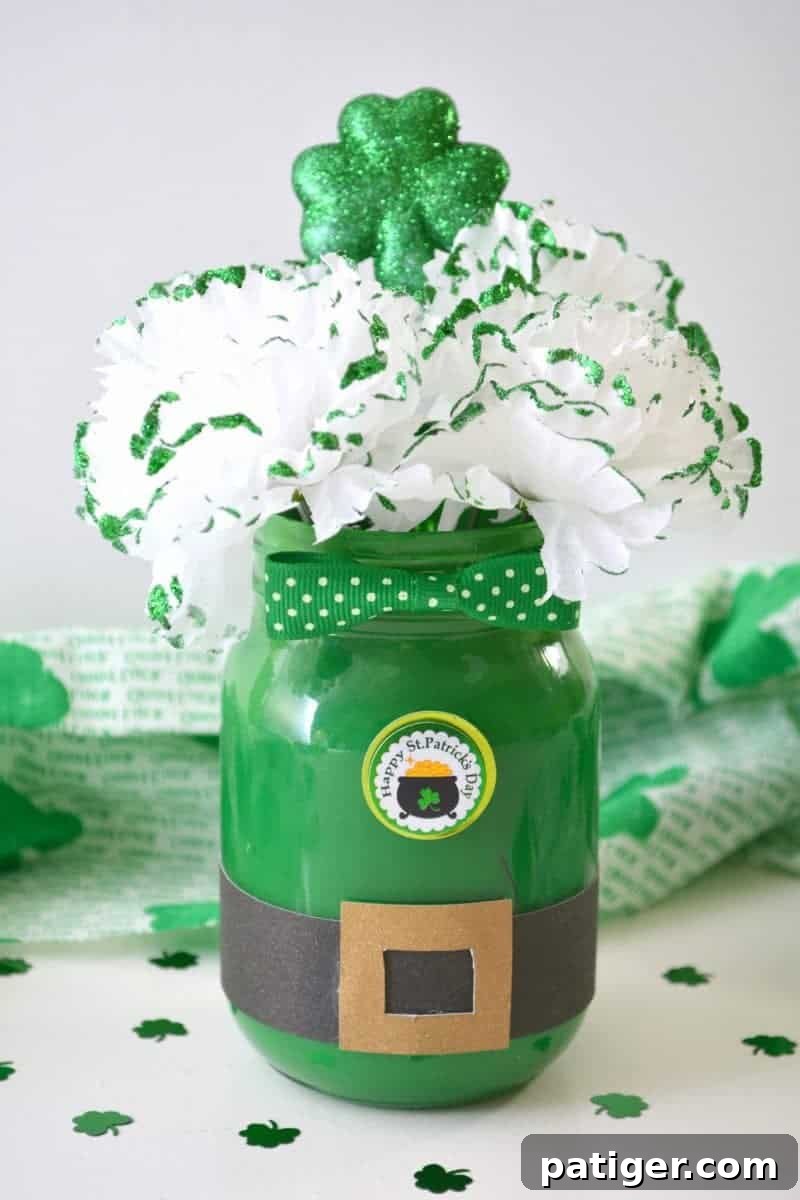 Completed Leprechaun Mason Jar with St. Patrick's Day decoration