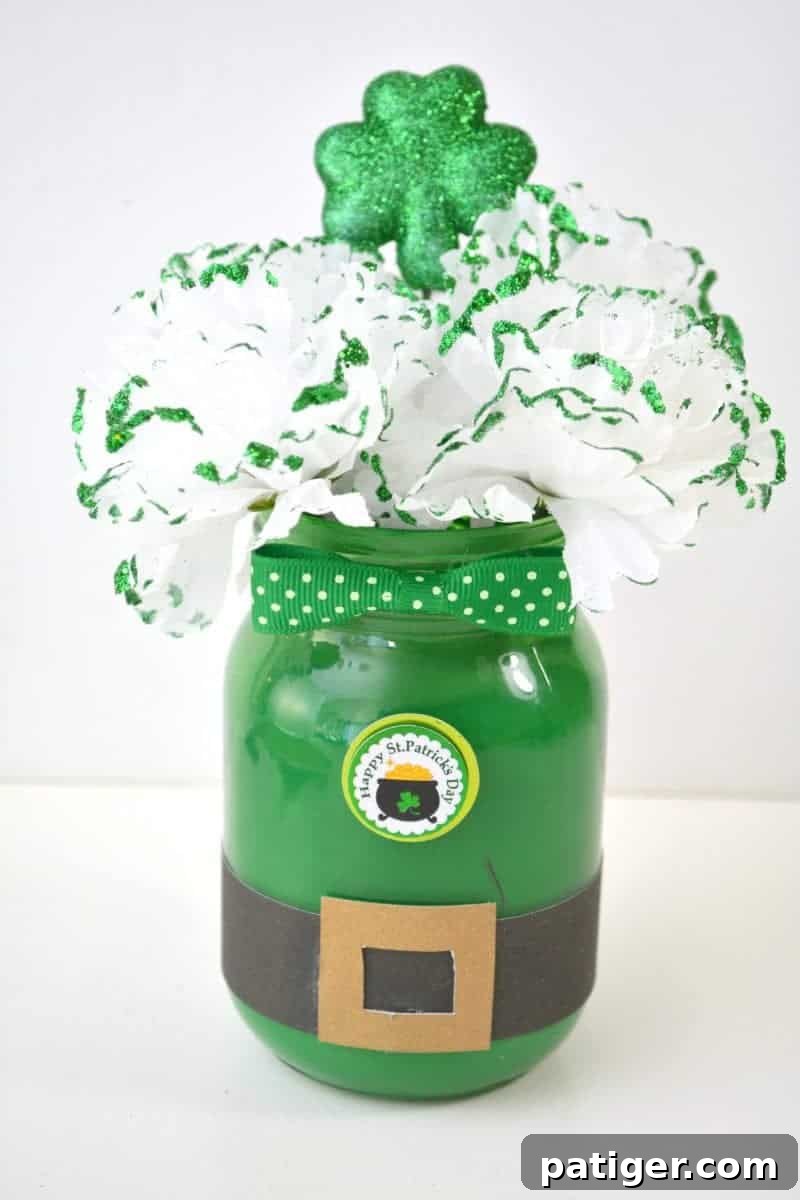 Completed Leprechaun Mason Jar filled with flowers and decorations