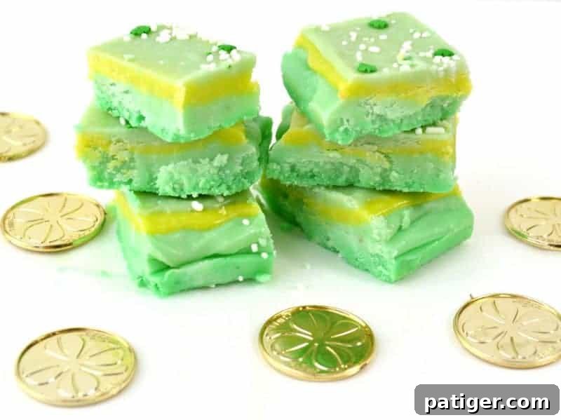 Shamrock Green Fudge 2 Sweet and creamy homemade fudge with vibrant green food coloring is the perfect St. Patrick's Day treat. Made with marshmallow fluff, sugar, butter, and white chocolate, this St. Patrick's Day green fudge recipe is sure to be a hit.