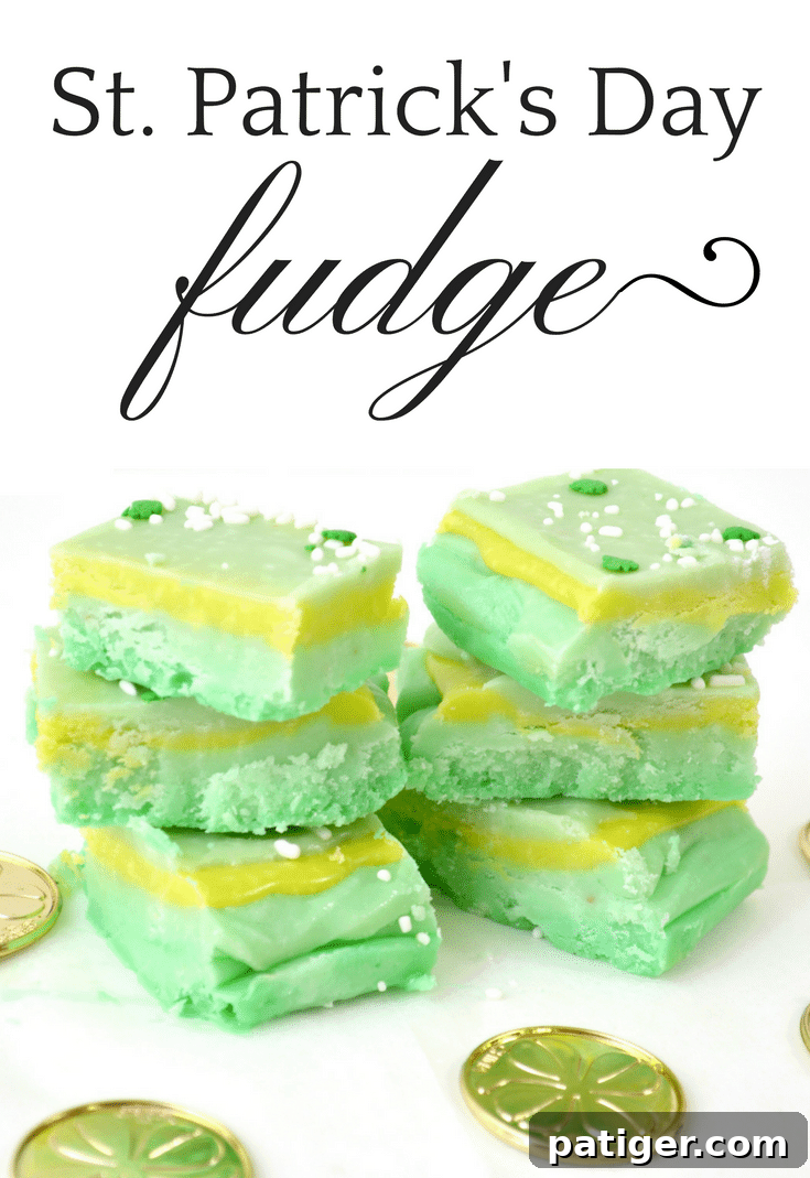 Shamrock Green Fudge 14 St. Patrick's Day Green Fudge Recipe image, perfect for pinning to Pinterest to save for later. Features a multi-layered green fudge with sprinkles.
