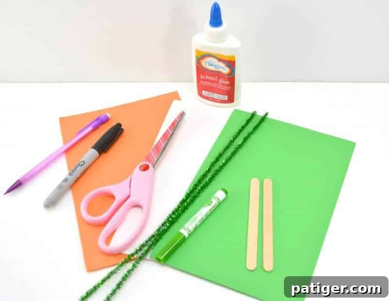 Craft a Lucky Leprechaun from Popsicle Sticks for St Patricks Day 4 An organized display of all craft materials required to make the Popsicle Stick Leprechaun, including foam, googly eyes, and pipe cleaners.