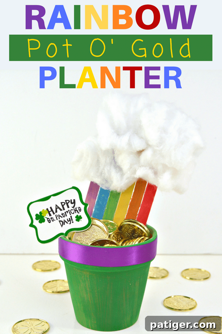 St Patricks Day Lucky Rainbow Gold Planter 12 A stunning visual of the completed DIY Rainbow Pot of Gold Planter, ideal for pinning on Pinterest as a St. Patrick's Day craft idea.
