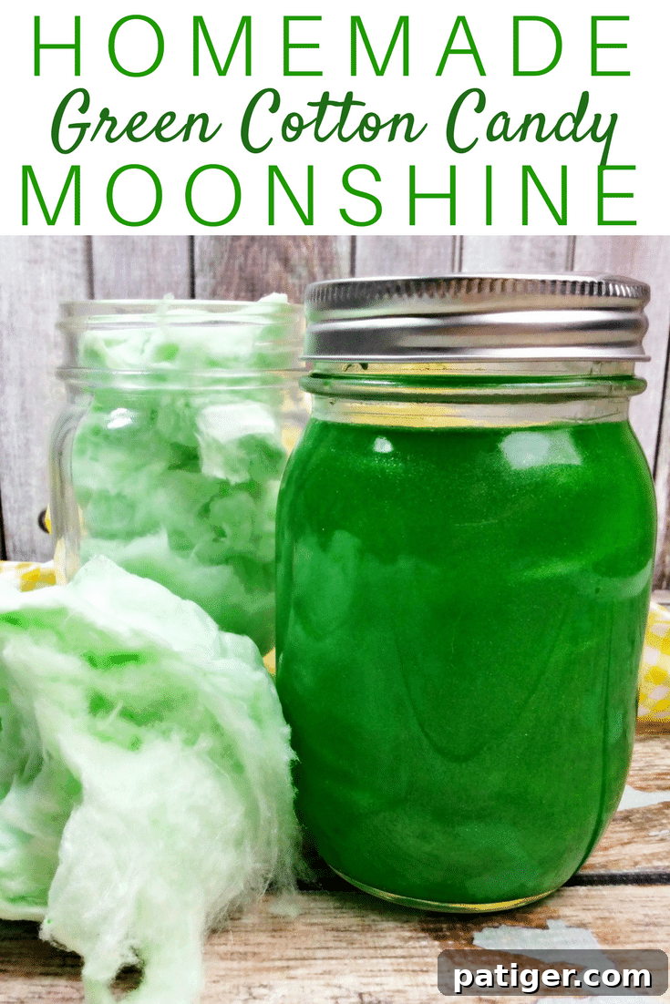 This homemade moonshine recipe combines cotton candy, cotton candy vodka, sugar, and Everclear to make a delicious and visually stunning green moonshine. A perfect party drink idea!