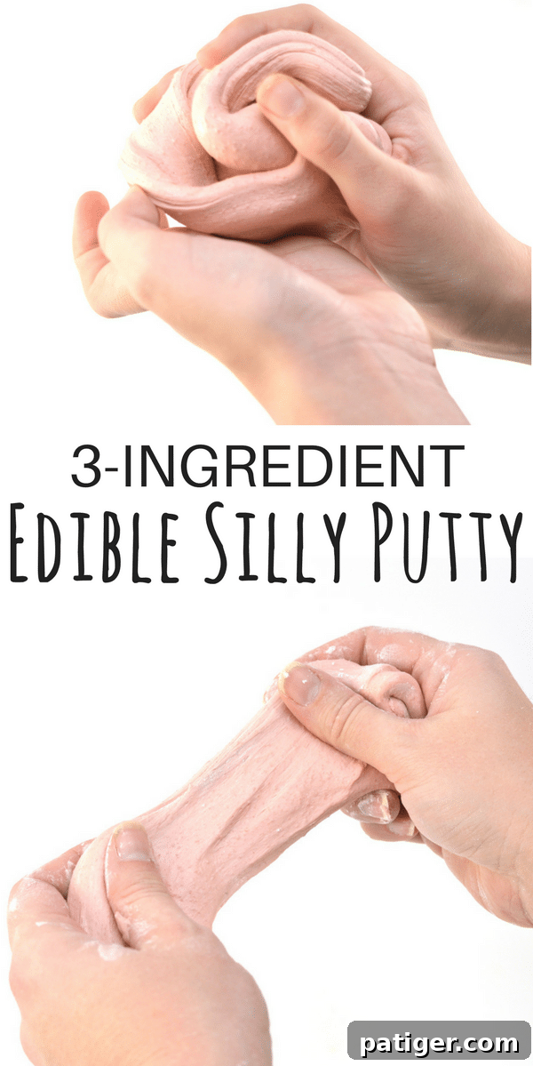 Pin this recipe for edible silly putty made with gummy worms and cornstarch for a fun, safe, and delicious kids' activity.