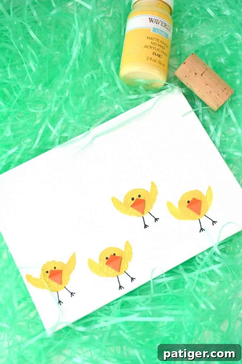 Children excitedly creating Easter chick art by stamping wine corks into vibrant yellow paint on a canvas, a perfect activity for Spring and Easter celebrations.