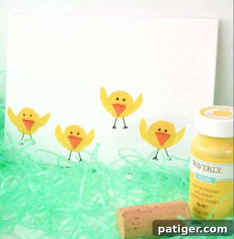 Close-up of a child's hand guiding a wine cork dipped in yellow paint to create a baby chick shape on paper, showcasing the simple stamping technique.