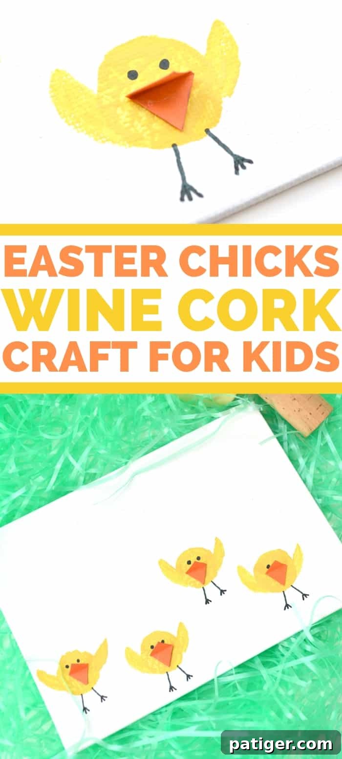A beautifully finished Easter art project showing multiple yellow chicks created by stamping wine corks onto a white canvas.