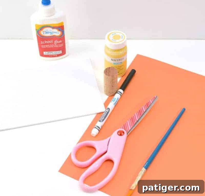 Arrangement of craft supplies needed for Easter chicks wine cork stamping, including yellow paint, wine corks, orange paper, and markers.