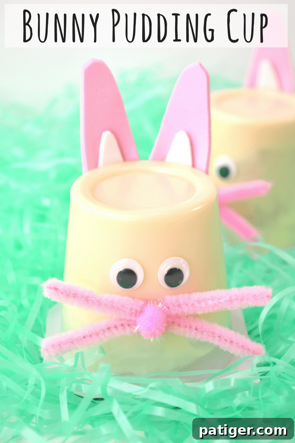 A vertical image of an Easter Bunny Pudding Cup, emphasizing its cuteness and simplicity, designed for easy sharing and saving on Pinterest.