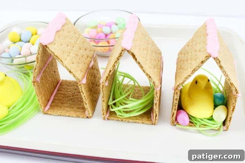 Peeps chicks houses are a fun no bake Easter treat perfect for the kids this Spring season. Made using Peeps Chicks, graham crackers, egg candies, and edible grass, this cute Easter recipe is perfect to make with the little ones.
