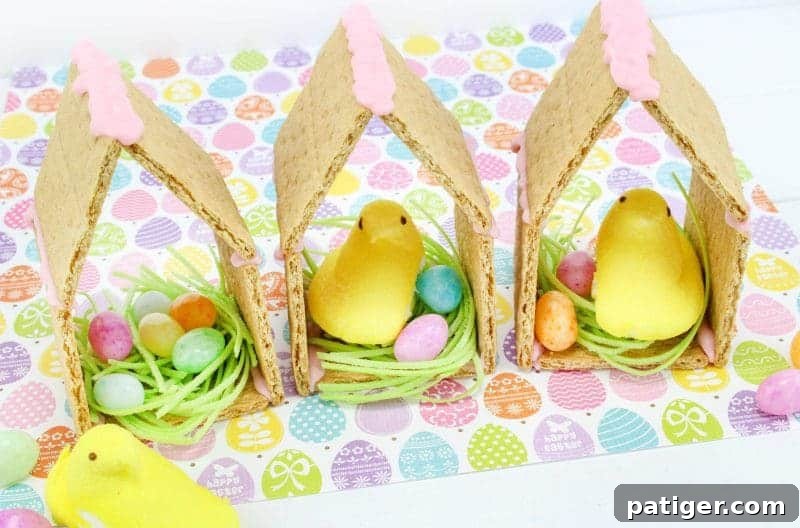 Peeps chicks houses are a fun no bake Easter treat perfect for the kids this Spring season. Made using Peeps Chicks, graham crackers, egg candies, and edible grass, this cute Easter recipe is perfect to make with the little ones.
