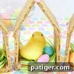 Peeps chicks houses are a fun no bake Easter treat perfect for the kids this Spring season. Made using Peeps Chicks, graham crackers, egg candies, and edible grass, this cute Easter recipe is perfect to make with the little ones.