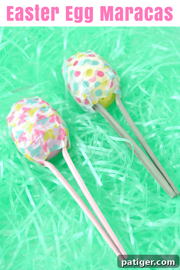 Long pin image showcasing an Easter egg maraca craft made with plastic spoons, plastic eggs, and colorful washi tape, perfect for saving to Pinterest.