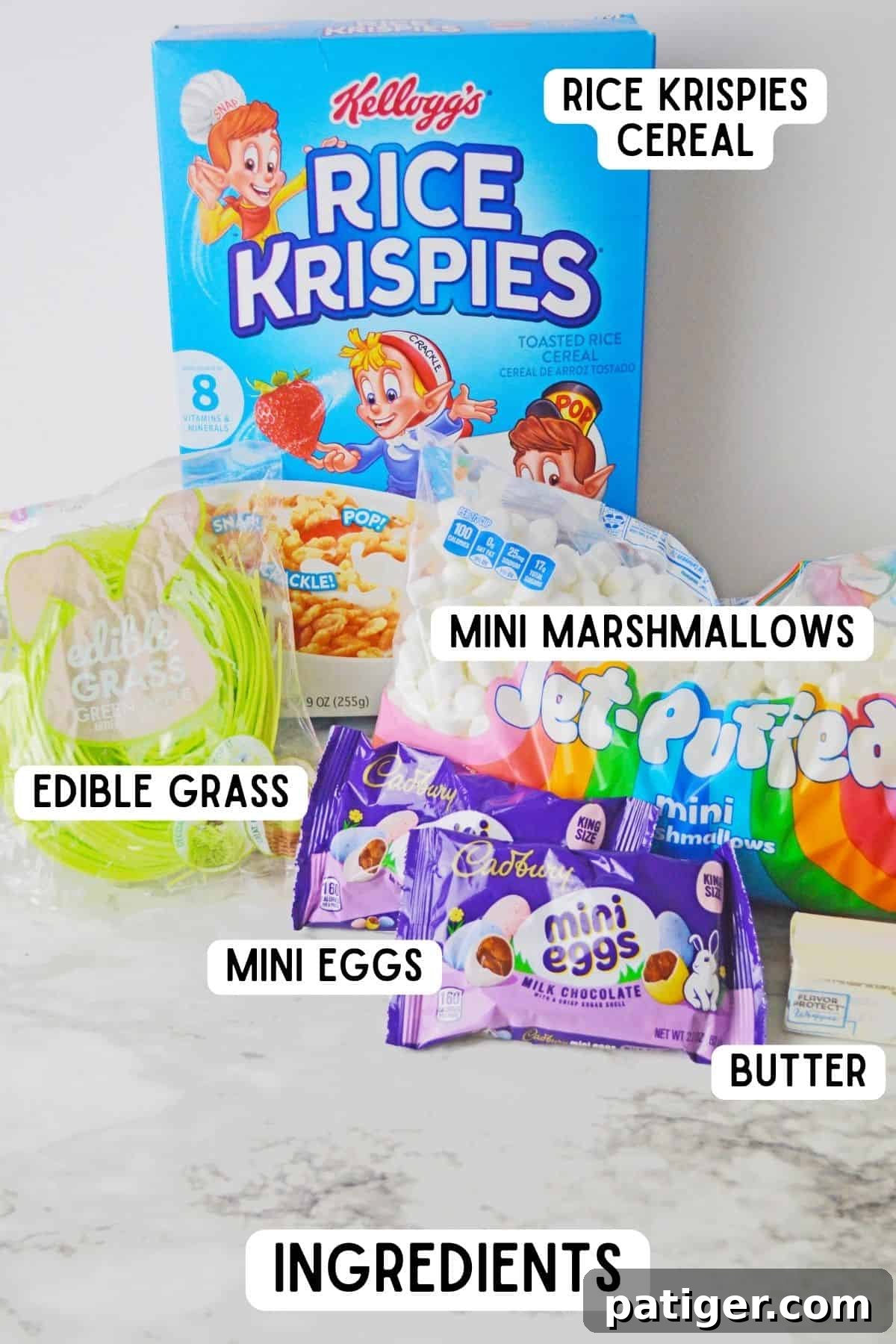 Ingredients on countertop: Box of Rice Krispies cereal, bag of jet-puffed mini marshmallows, butter, 2 small bags of Cadbury mini eggs, and a bag of green apple flavored edible grass, ready for preparation.