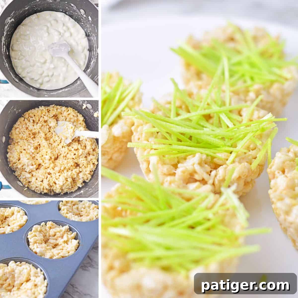 In-process image collage showing a pot with partially melted marshmallows, the pot with Rice Krispies added, the cereal mixture pressed into muffin pan, and the bird's nest removed from the muffin tin and filled with pieces of green grass, illustrating the making process.