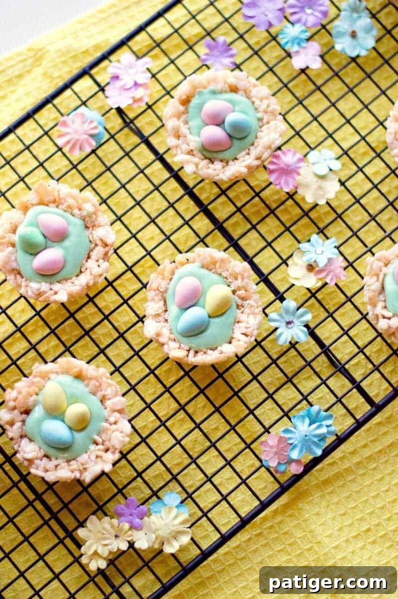 Rice Krispie Nests with green chocolate, showcasing an alternative decoration method.