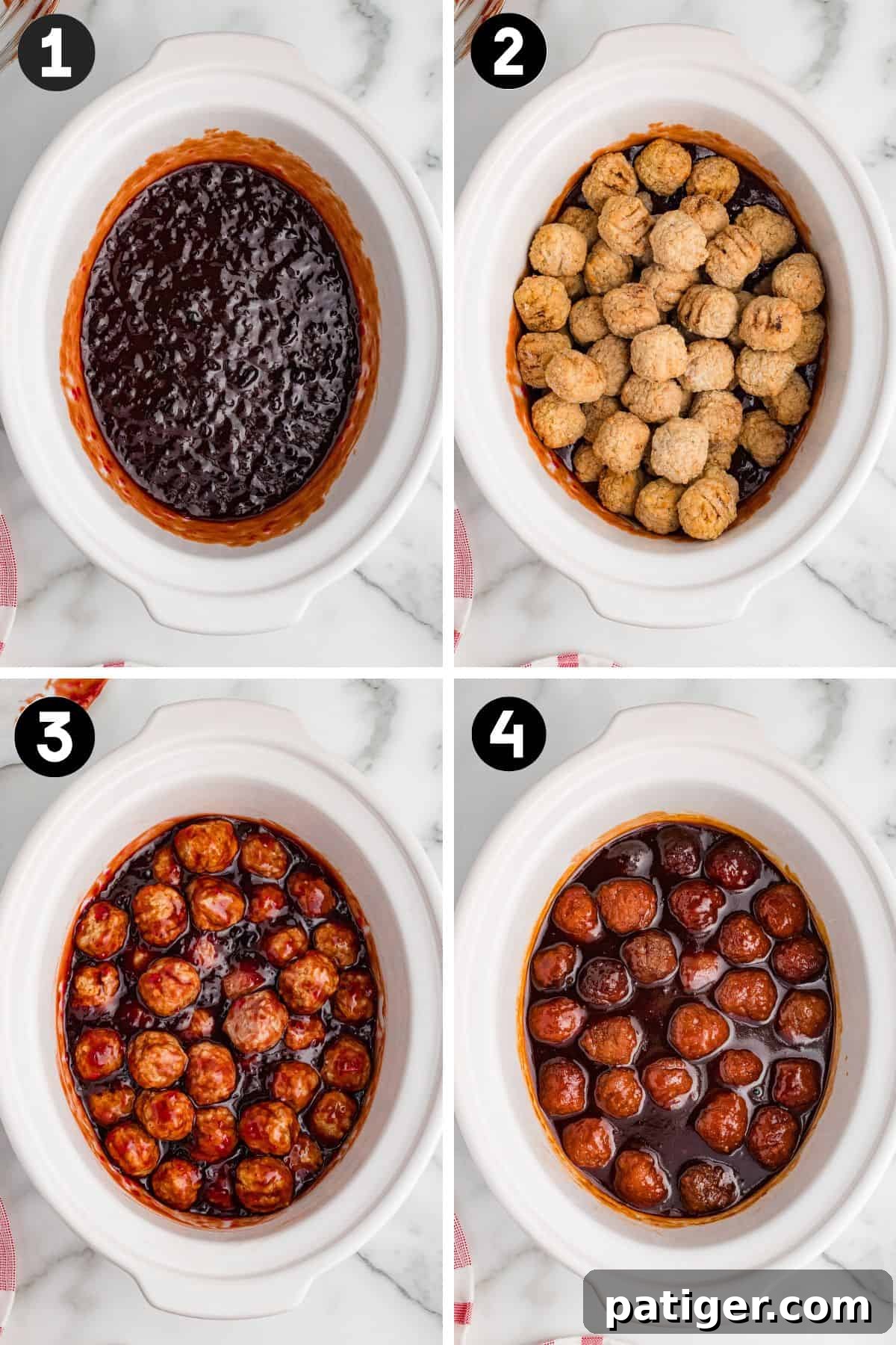 A four-step collage of crockpot meatballs cooking in barbecue sauce and grape jelly. Steps show sauce in crock pot, frozen meatballs added, ingredients stirred, and the final heated BBQ meatballs. 