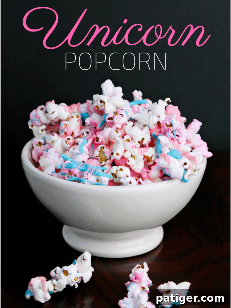 Aurora Pop 7 A vibrant graphic for pinning unicorn popcorn recipe to Pinterest.