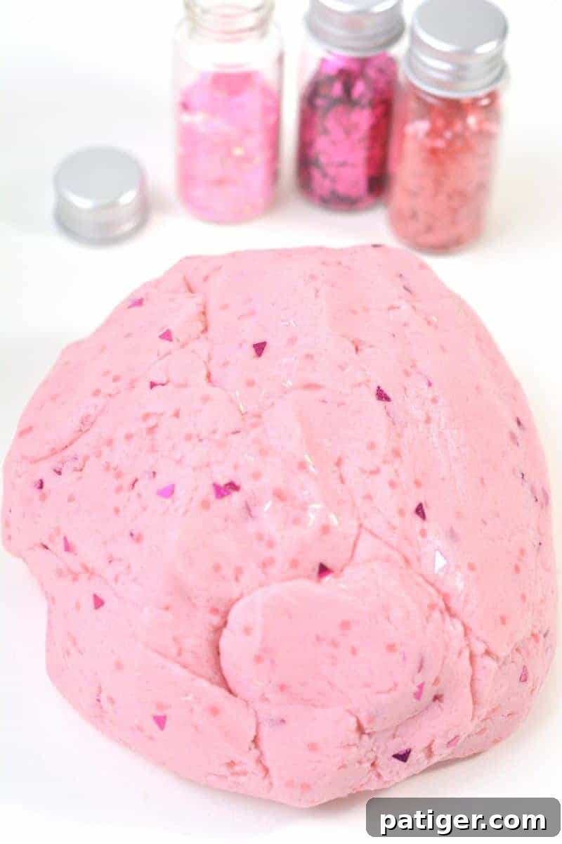 Pink Princess Sweet Dough Magic 8 Pink playdough, freshly colored, being kneaded on a clean surface.