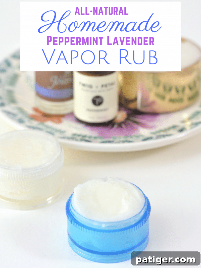 Pin this simple 3-ingredient peppermint lavender homemade vapor rub recipe for natural congestion relief with essential oils.