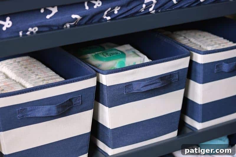 Create the Perfect Diaper Changing Station 4 Pampers Pure Protection diapers neatly stored in bins on a changing table, showcasing organized diapering essentials.