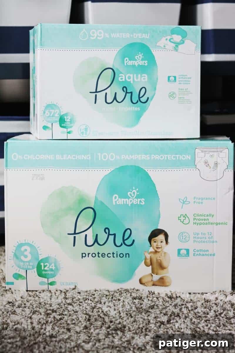 Create the Perfect Diaper Changing Station 5 Pampers Pure Protection Diapers and Aqua Pure Wipes, essential for gentle and effective diaper changes.