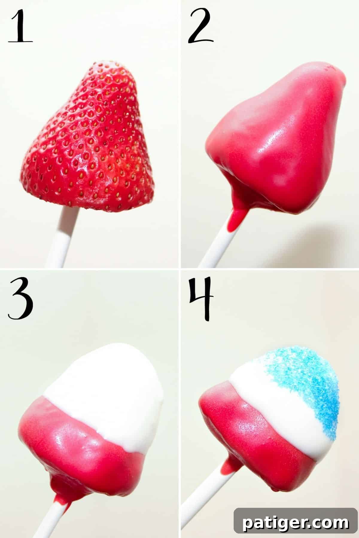 How to dip strawberries for 4th of July: first put on stick, then dip in red candy melts, followed by white, then dip in blue sanding sugar.