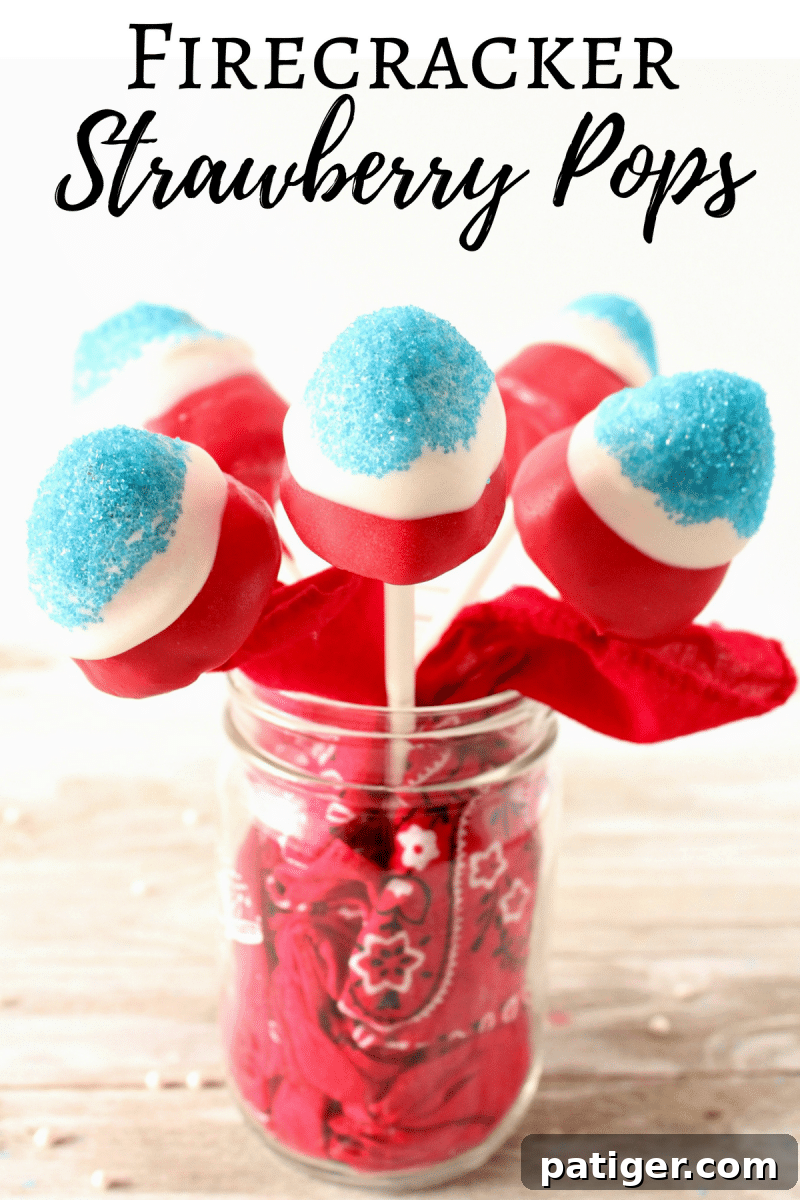 Firecracker Strawberry Pops are a fun and festive dessert perfect for a 4th of July BBQ, patriotic Memorial Day celebration, or laid back Labor Day. These no bake red, white, and blue treats are easy to make, adorable, and tasty as can be.