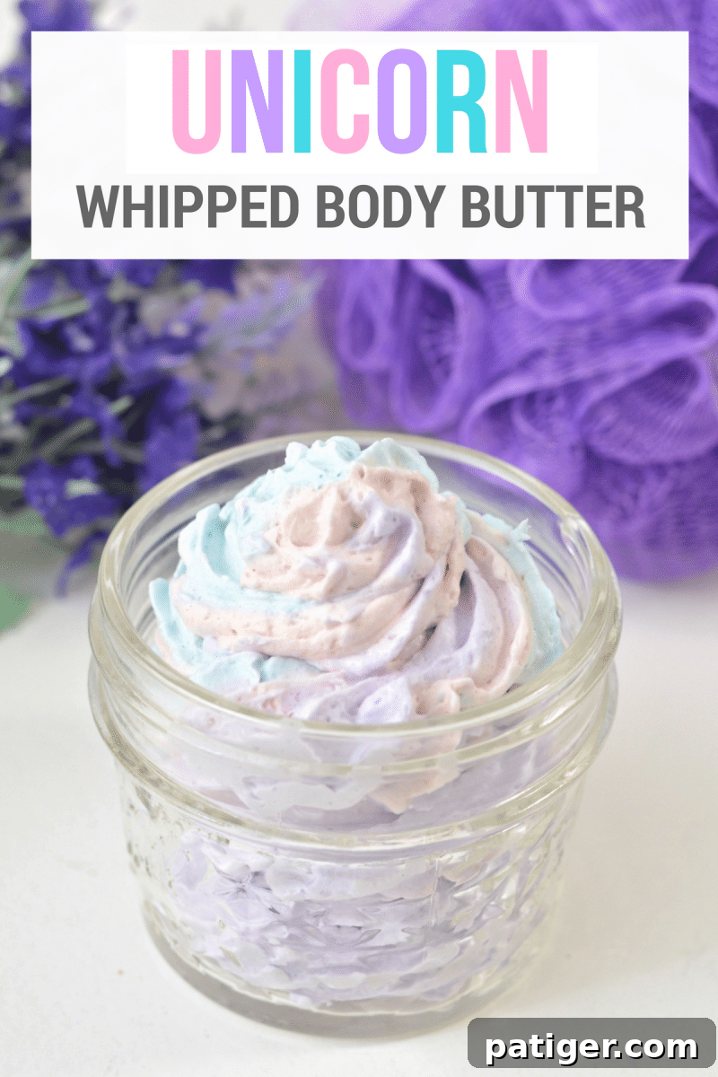 An easy DIY unicorn whipped body butter recipe made using shea butter, coconut oil, mica powder, and essential oils. Not only is this rainbow unicorn body butter beautiful, but this homemade body butter is rich, creamy, and moisturizing as well.