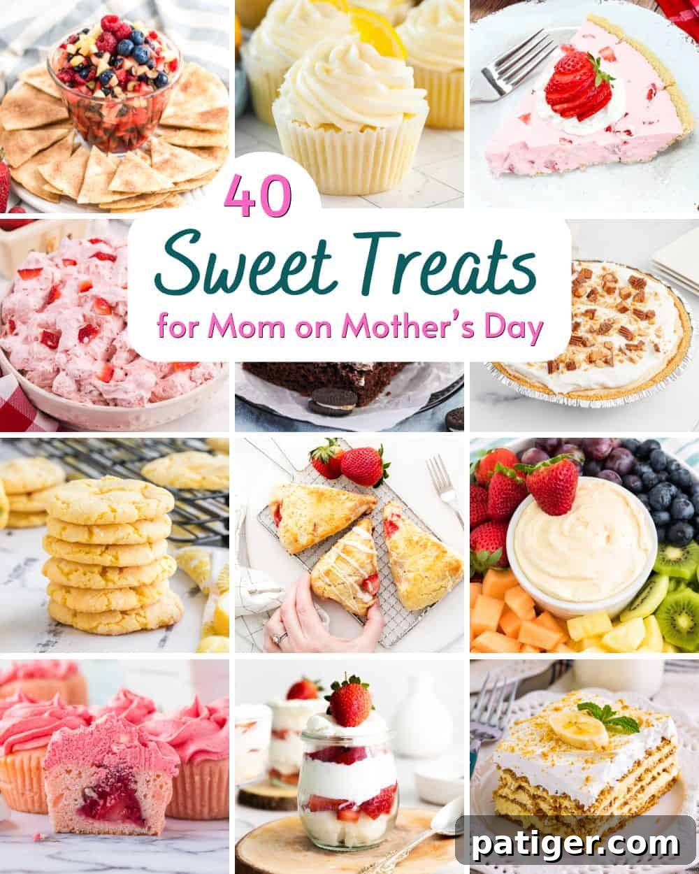 A vibrant collection of Mother's Day treats, showcasing light and fruity spring desserts, rich chocolate indulgences, and creamy cheesecakes, all beautifully presented.