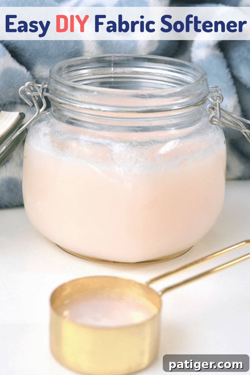 A vibrant graphic promoting a simple DIY fabric softener recipe using hair conditioner, vinegar, and baking soda, highlighting its cost-effectiveness and fresh scent.