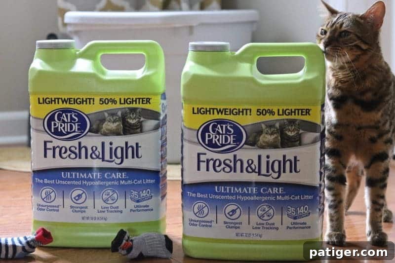 Multiple green jugs of Cat's Pride litter, symbolizing support for shelters.