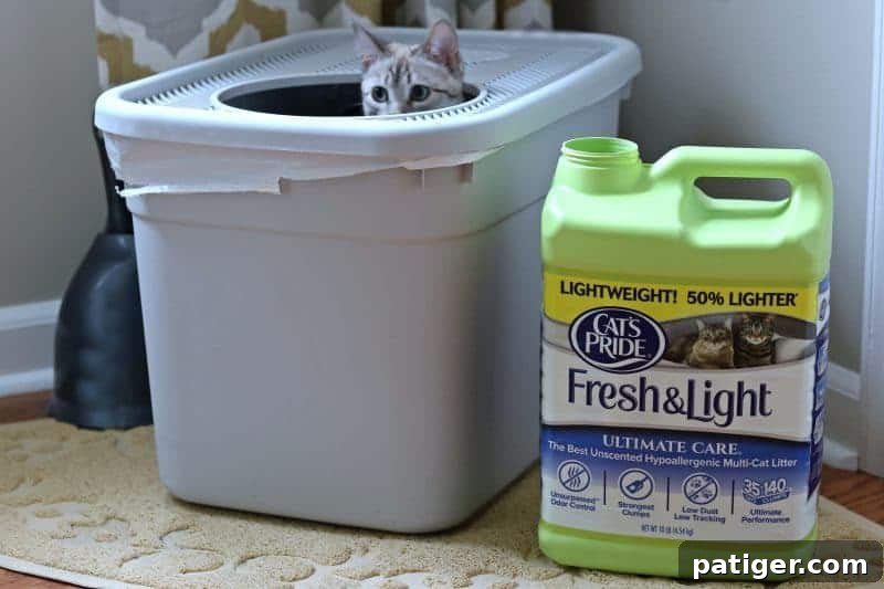 Khaleesi the cat using Cat's Pride litter in her litter box.