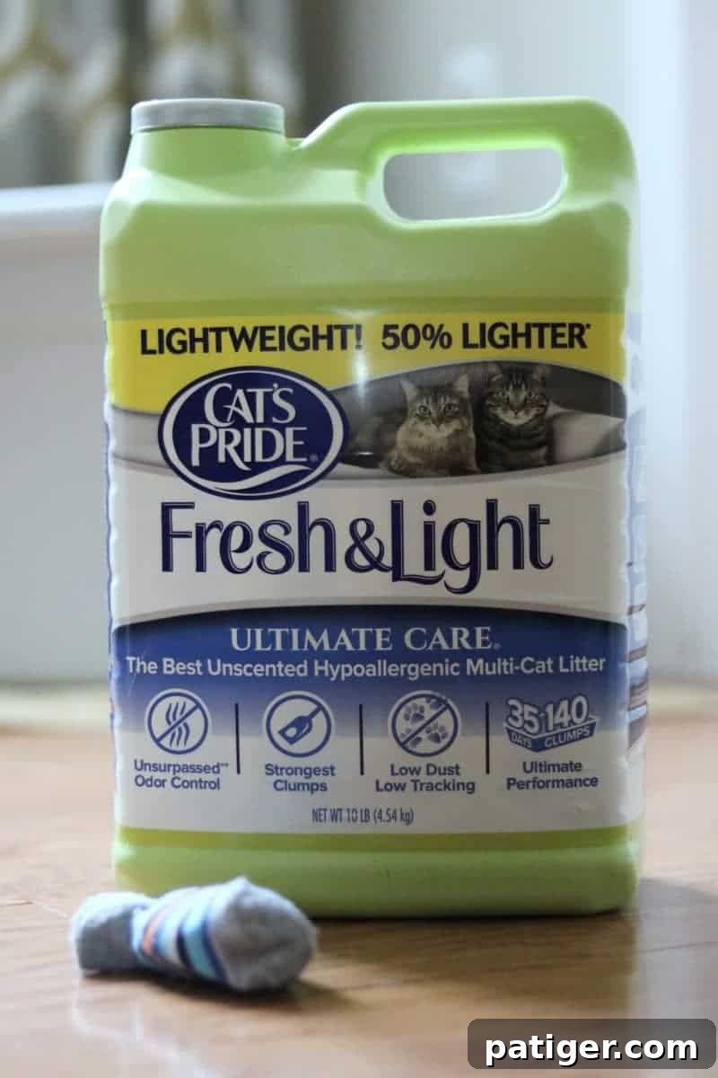 Iconic green jug of Cat's Pride Fresh & Light cat litter.