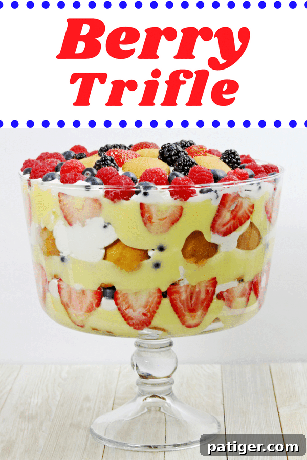 Stars and Stripes Berry Trifle 13 A final beautiful image of the Red, White, and Blue Patriotic Berry Trifle, garnished with fresh berries.