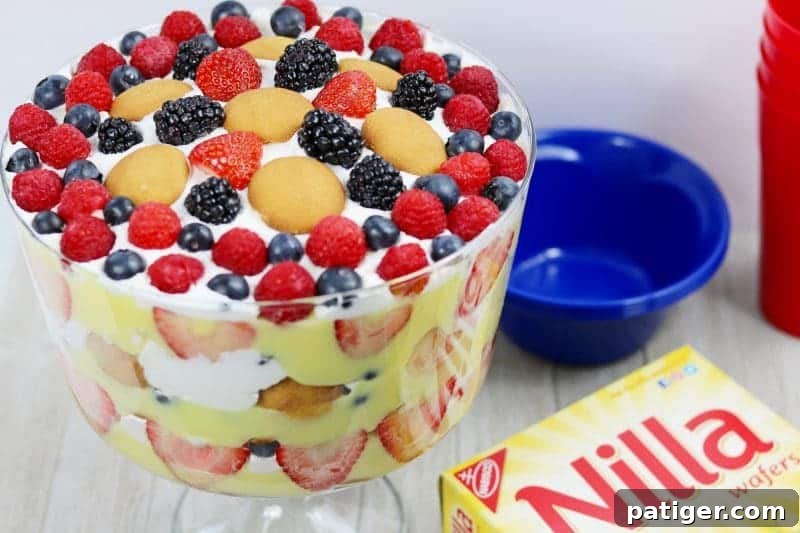 Stars and Stripes Berry Trifle 9 The completed and garnished Very Berry Trifle, topped with fresh berries and Nilla Wafers.