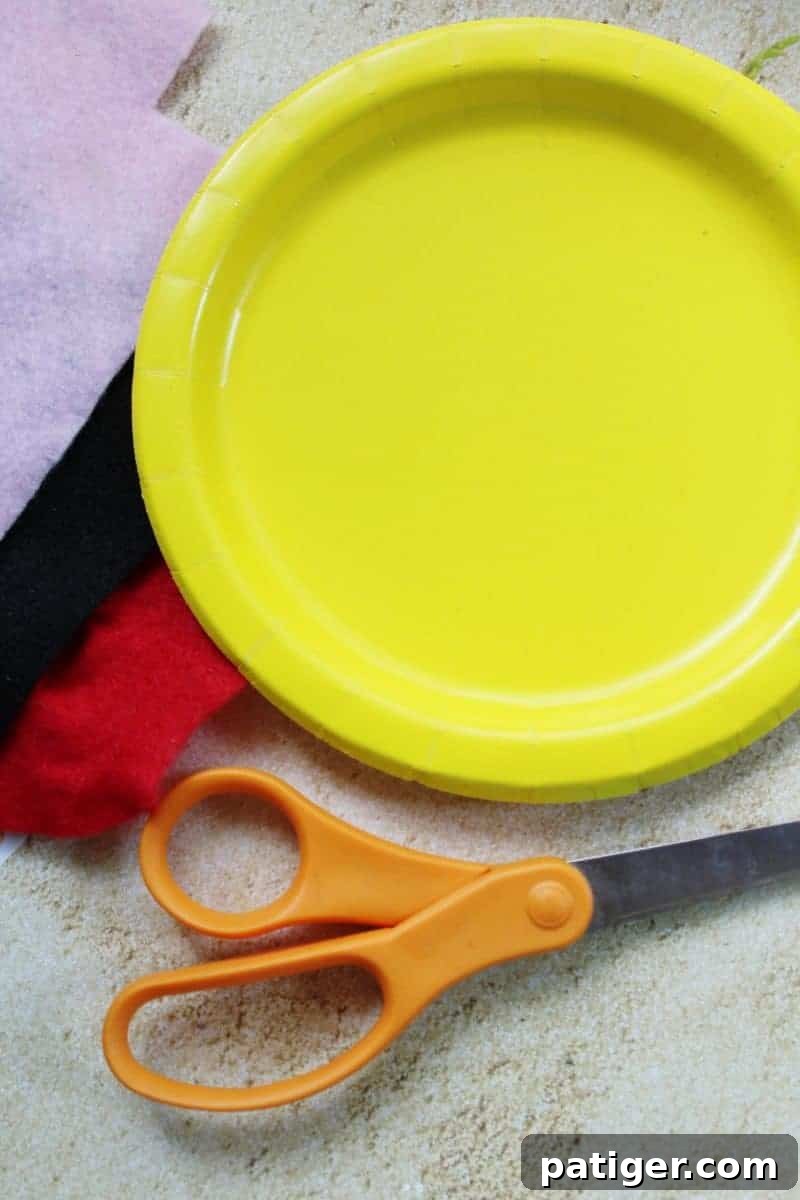 Playful Paper Plate Fish Creations 3 Essential craft supplies for making a paper plate fish: two colorful paper plates, scissors, white, black, and pink felt, and craft glue.